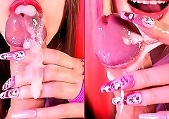 Ravishing blond plays with my cum! Chick with lengthy nails passionately sucks & enjoys biggest blow job creampie