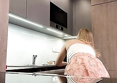 Large titties golden-haired hawt college gal in a mini petticoat do abode chores and flashes her legs and butt