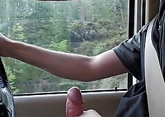 hetero stud lets bisexual roomy have fun with his beef whistle while driving on a road journey