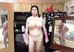 Braided darksome-haired tgirl shows off her collection of one piece swimsuits with multi-views of precious booty and melons from rear mirrors. Descrip