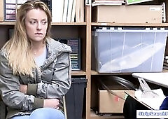A blonde teen was caught stealing.The security guard processes the papers then conducts strip search.She gets naked,removes her bra and panties.Then t