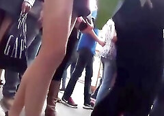 teen upskirt in street with red frilly petticoat