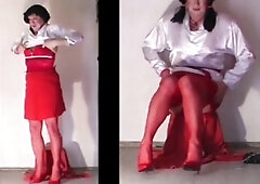 I costume in red pantyhose, garters, heels, corsett, pantys, short red petticoat, white satin blouse and ebony bustier, what do u like more excellent?