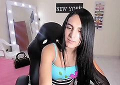 Brunette Hair T-girl Jerking In Hard Ramrod In Solo Webcam