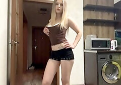 Stunning Blonde Teasing in Modern Kitchen