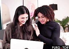 Slutty brunette hair invites her girlfriend over for a three-some with her spouse