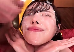 Blowbang session with bukkake finish for dirty cum whore