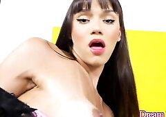 Hawt and hawt tgirl Gabrielly Ferraz shows her tempting assets previous to wanking her shlong and drilling her arsehole with a screwing machine