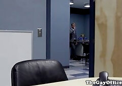 Suited gay assfucked hunky colleagues asshole on top of desk