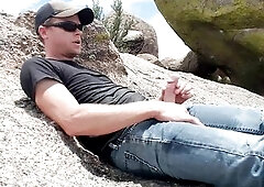 High desert hike pissing and cumming in public in 1080p