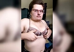 Transsexual plays with her melons and shakes 'em