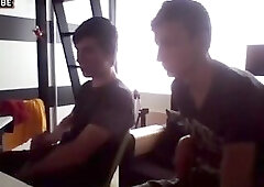 Best friends on webcam jerk off and cum on toy