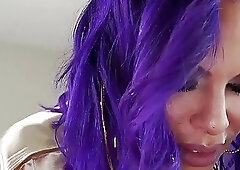 Purple-haired trans chick shoves her big dick in the chubby man's thick ass