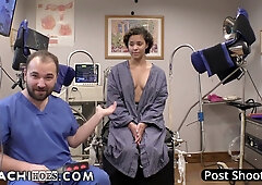 Curly-haired nurse in checkered robe gives handjob and takes bukkake from doctor in medical fantasy